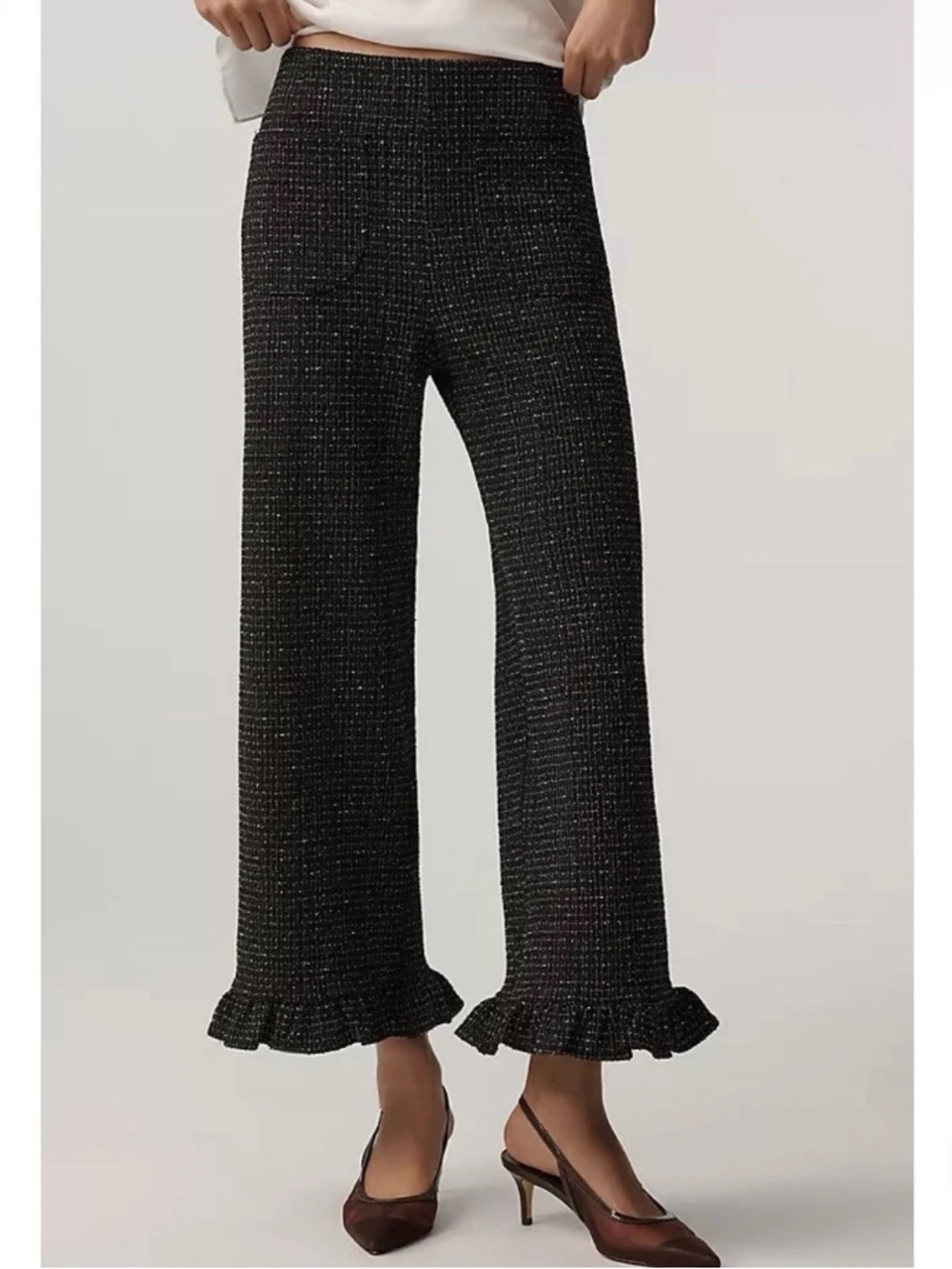 Maeve Anthropologie The Colette Pants Womens 28 Black Tweed Crop Wide Leg Ruffle